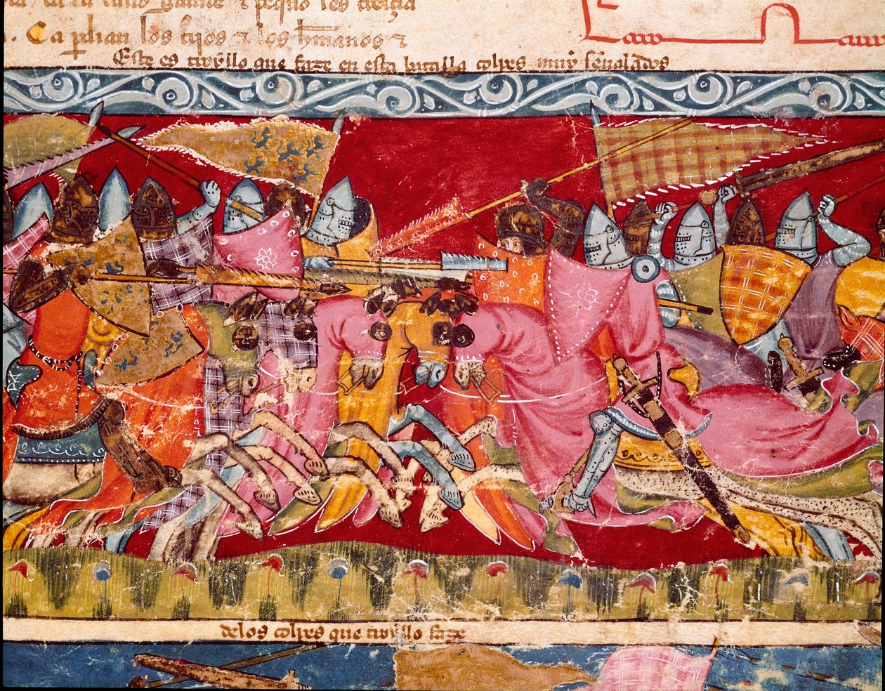 Troijan sota: taistelu kreikkalaisten ja troijalaisten välillä. Yksityiskohta pienoiskoosta espanjalaisesta käsikirjoituksesta "Codex Benito de Santa Mora" tekijältä Spanish School