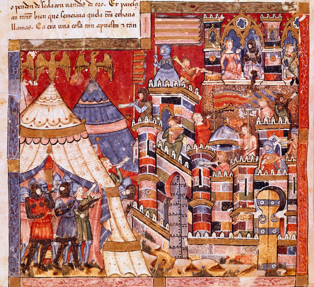 Troijan sota: Troijan kaupunki ja Kreikan leiri. Yksityiskohta pienoiskoosta espanjalaisesta käsikirjoituksesta "Codex Benito de Santa Mora" tekijältä Spanish School