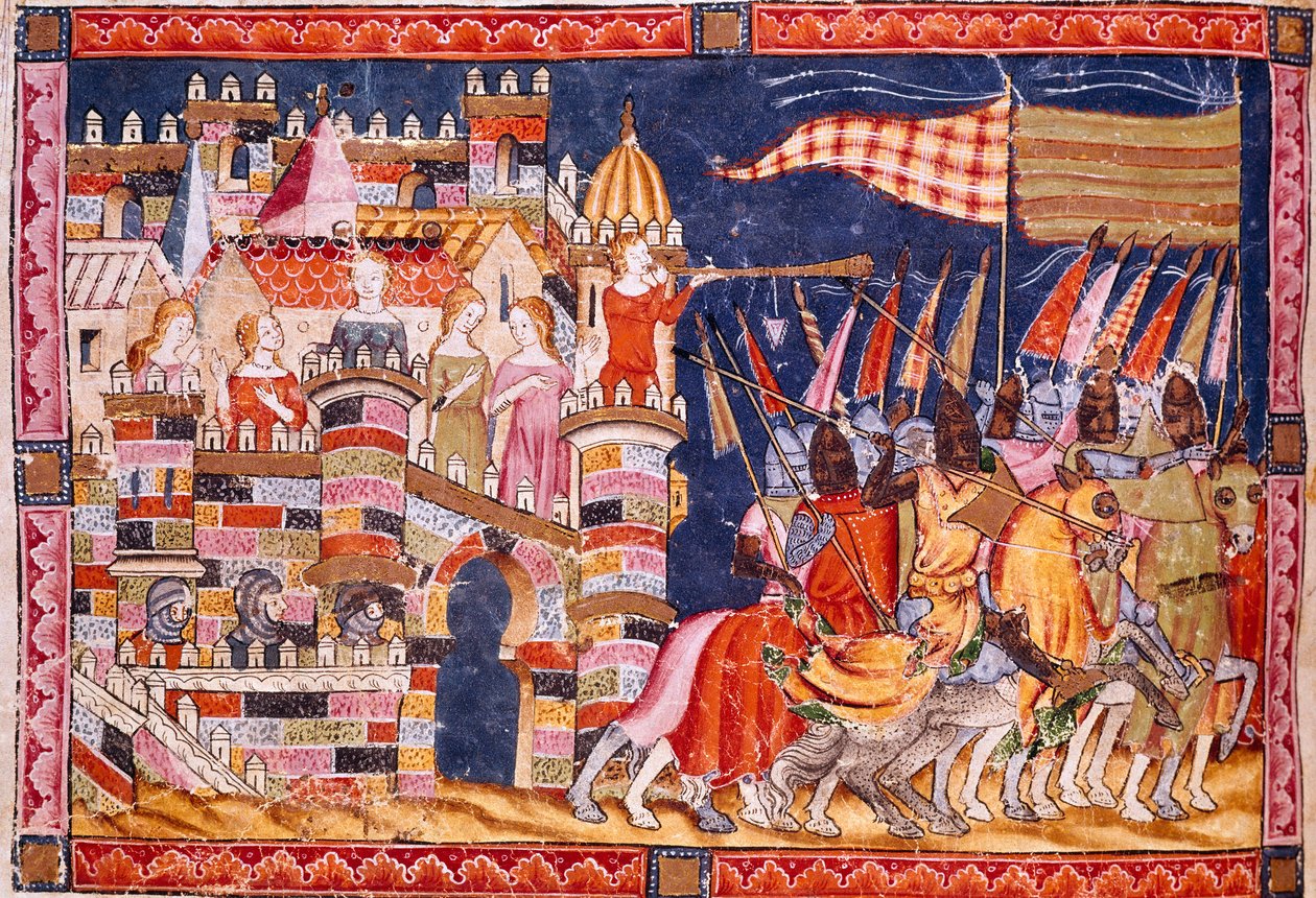 Troijan sota: Troijan kaupunki ja Troijan armeija lähtevät taisteluun. Yksityiskohta pienoiskoosta espanjalaisesta käsikirjoituksesta "Codex Benito de Santa Mora" tekijältä Spanish School
