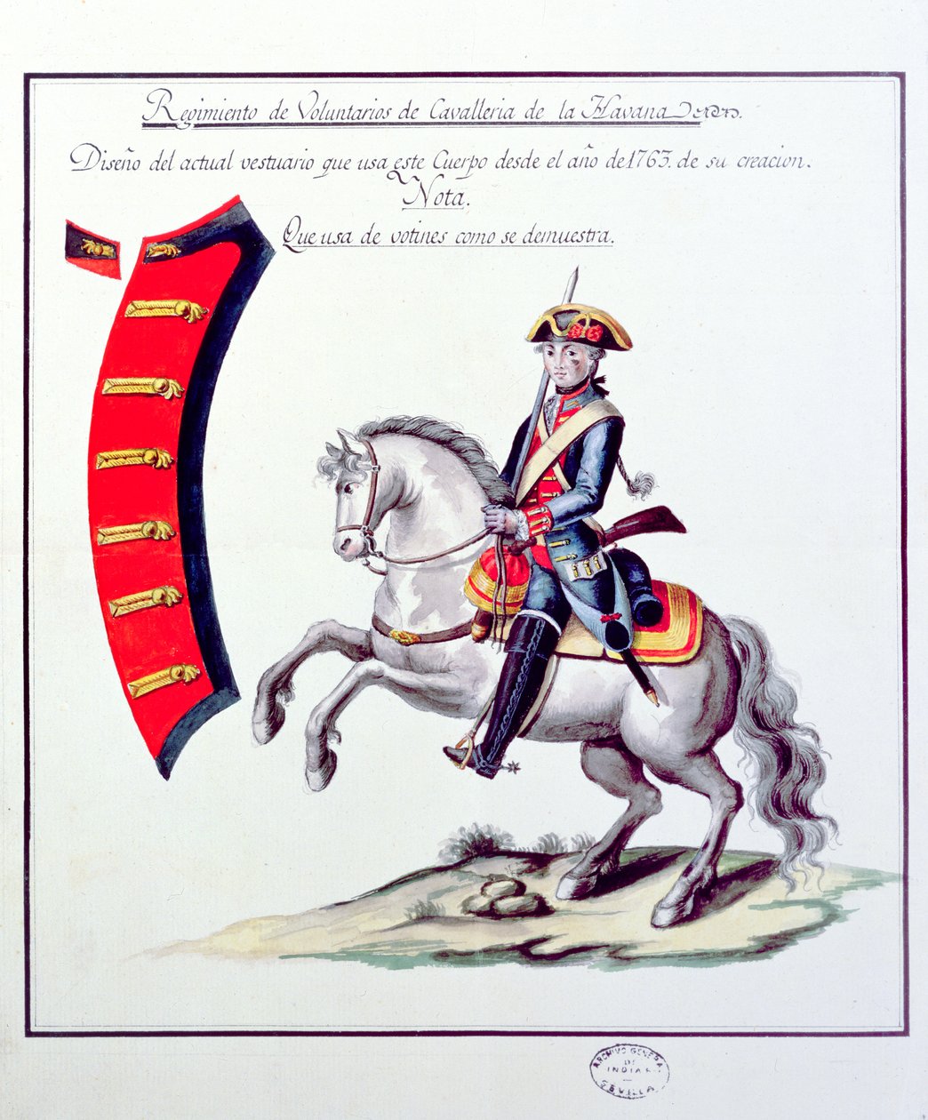 Havannan ratsuväkirykmentin vapaaehtoisten univormu, 1763 (painettu) tekijältä Spanish School