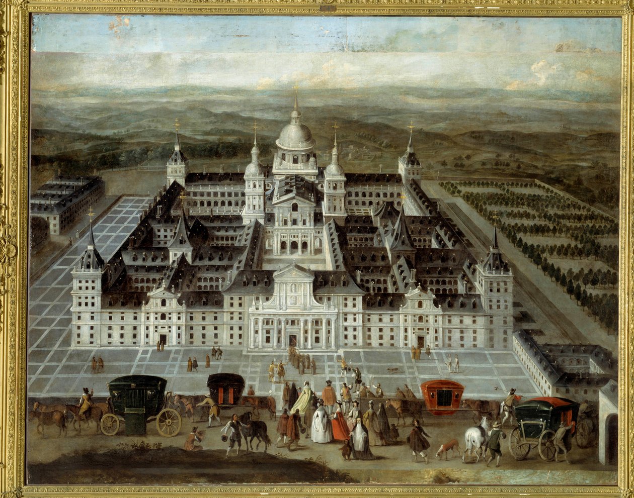 Näkymä Philip II:n 1500-luvulla rakentamasta Escorial-palatsista Espanjassa. Anonyymi espanjalainen maalaus 1600-luvulta. Öljy kankaalle. Mitat: 1,89 x 2,41 m. tekijältä Spanish School