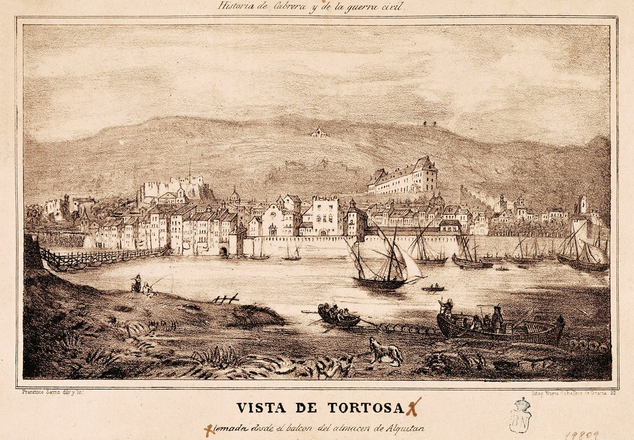 Näkymä Tortosan kaupunkiin Espanjassa Damaso Calbon ja Rochina de Castron "Cabreran ja sisällissodan historiassa" tekijältä Spanish School