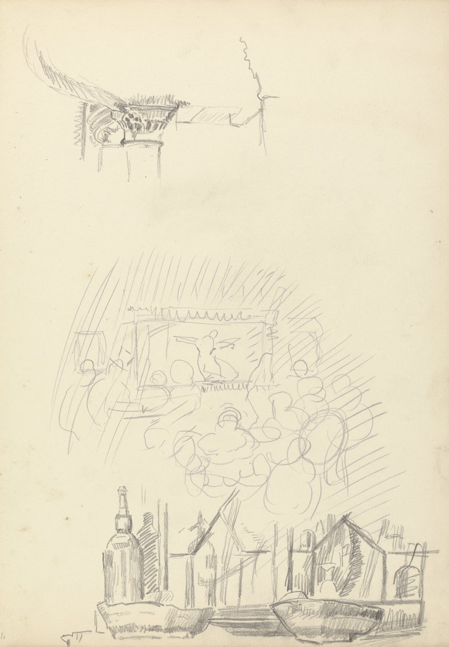 Luonnokset lavasta ja baarista, kultaisen vasikan luolasta (grafiitti) (katso versio 265063) tekijältä Spencer Frederick Gore