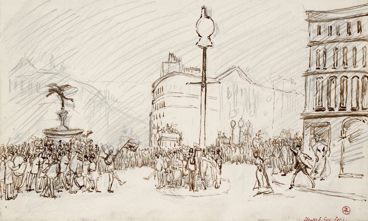 Katukuva - Piccadilly Circus (kynä ja ruskea muste ja grafiitti) tekijältä Spencer Frederick Gore