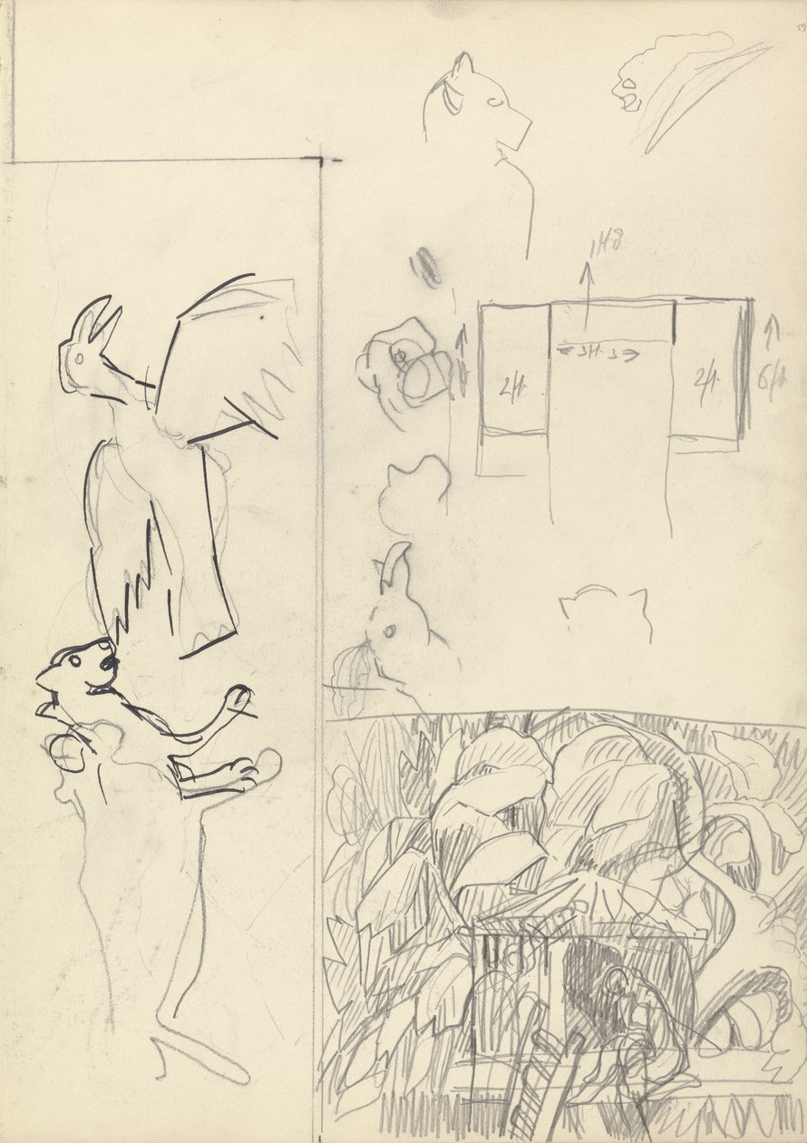 Tutkimukset puutaloista, eläimistä ja pohjapiirroksesta kultaisen vasikan luolalle (grafiitti ja musta muste) (katso versio 265066) tekijältä Spencer Frederick Gore