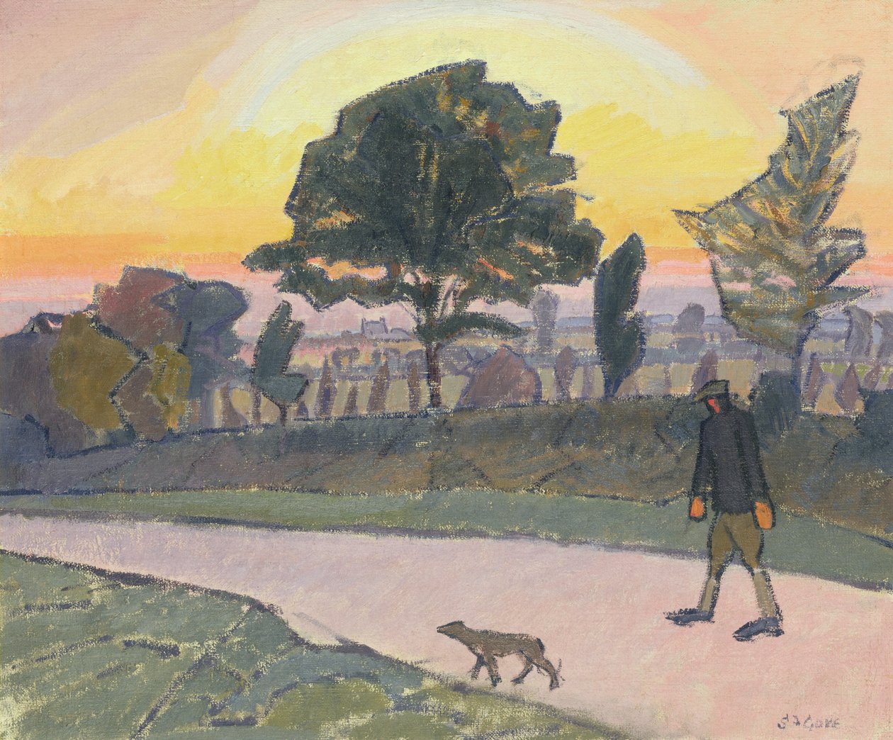 Auringonlasku, Letchworth, miehen ja koiran kanssa, 1912 tekijältä Spencer Frederick Gore