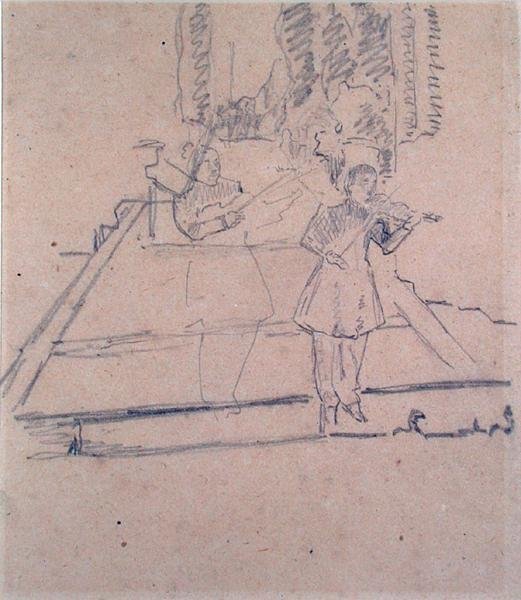 The Musicians at the Footlights, n. 1910 (kynä kiiltävälle paperille) tekijältä Spencer Frederick Gore