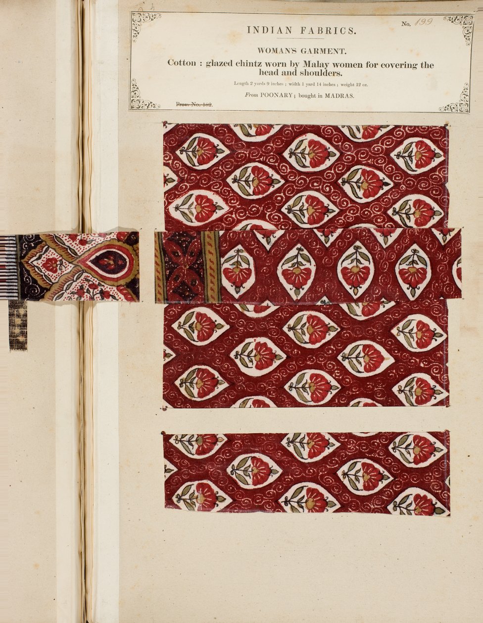 Puuvillalasitettu chintz-näyte Poonarysta, ostettu Madrasista, kokoelmasta The Collection of the Textile Manufacturers of India, John Forbes Watson, julkaistu vuonna 1866 tekijältä Sri Lankan School