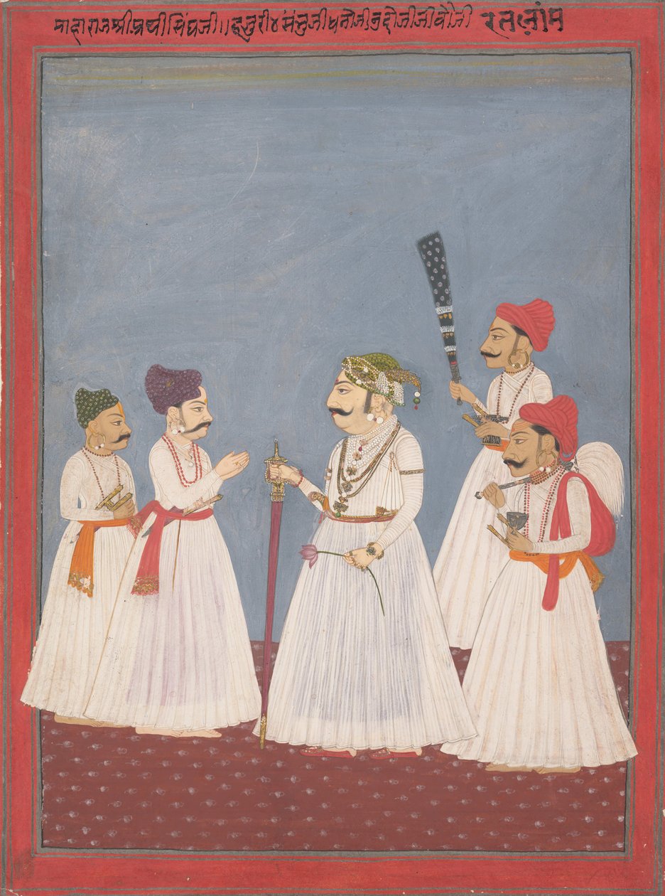 Prinssi neljän palvelijan kanssa, 1700-luvun loppu - 1800-luvun alku. tekijältä Sri Prathi Singh of Ratlam