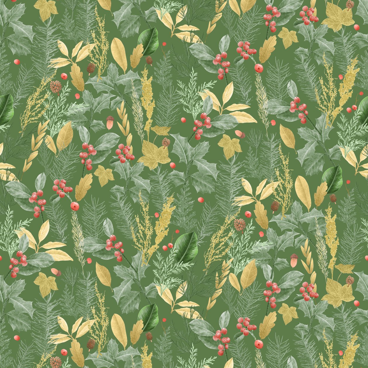 Holiday holly pattern tumma, 2021 (grafiittikynä ja digitaalinen) tekijältä Stacy Hsu