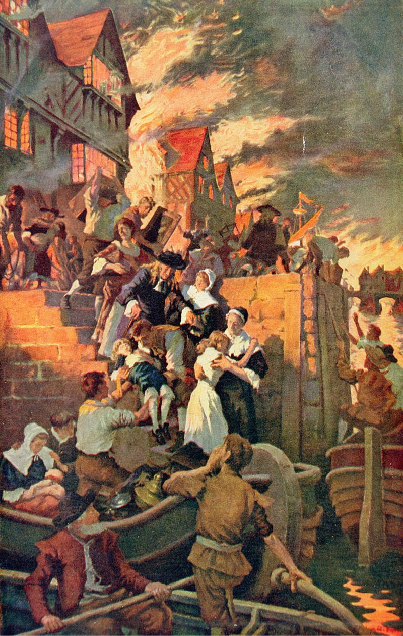 Lontoon suuri tulipalo vuonna 1666, kuvitus Hutchinsonin teoksesta "The Story of the British Nation", noin 1920 (värilitro). tekijältä Stanhope Alexander Forbes