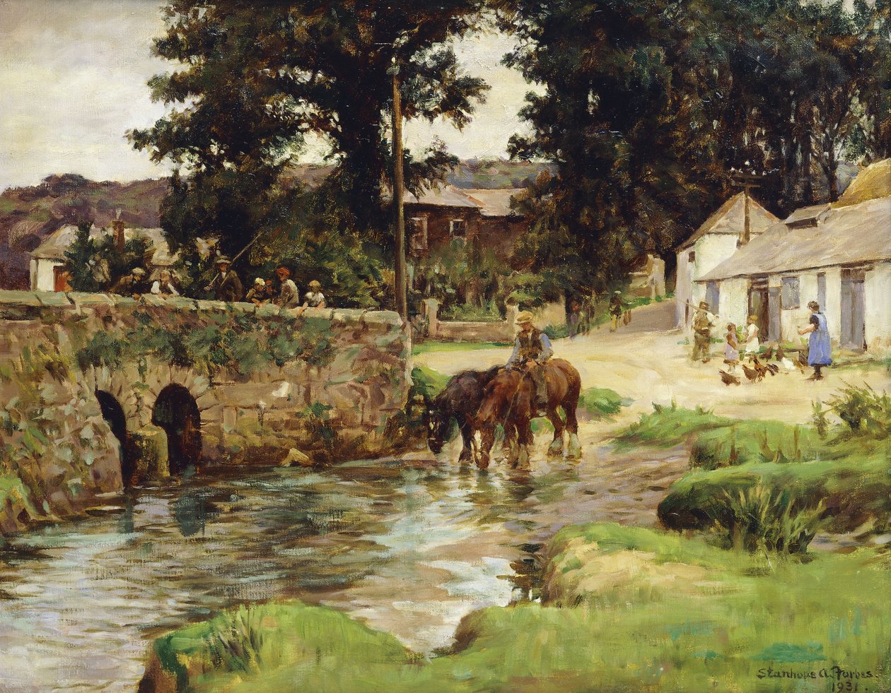 Hevosten juotto kylävirrassa tekijältä Stanhope Alexander Forbes