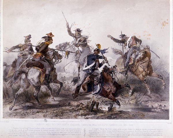 Sankarillinen tapaus Italian vapaussodan Piemonten kampanjan aikana vuonna 1848 (väri litho) tekijältä Stanislas Grimaldi del Poggetto