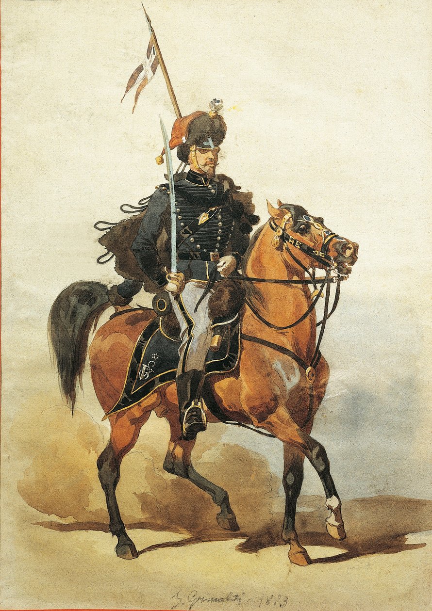 Piacenzan husaarien upseeri, piirustus Stanislao Grimaldi del Poggetto tekijältä Stanislas Grimaldi del Poggetto
