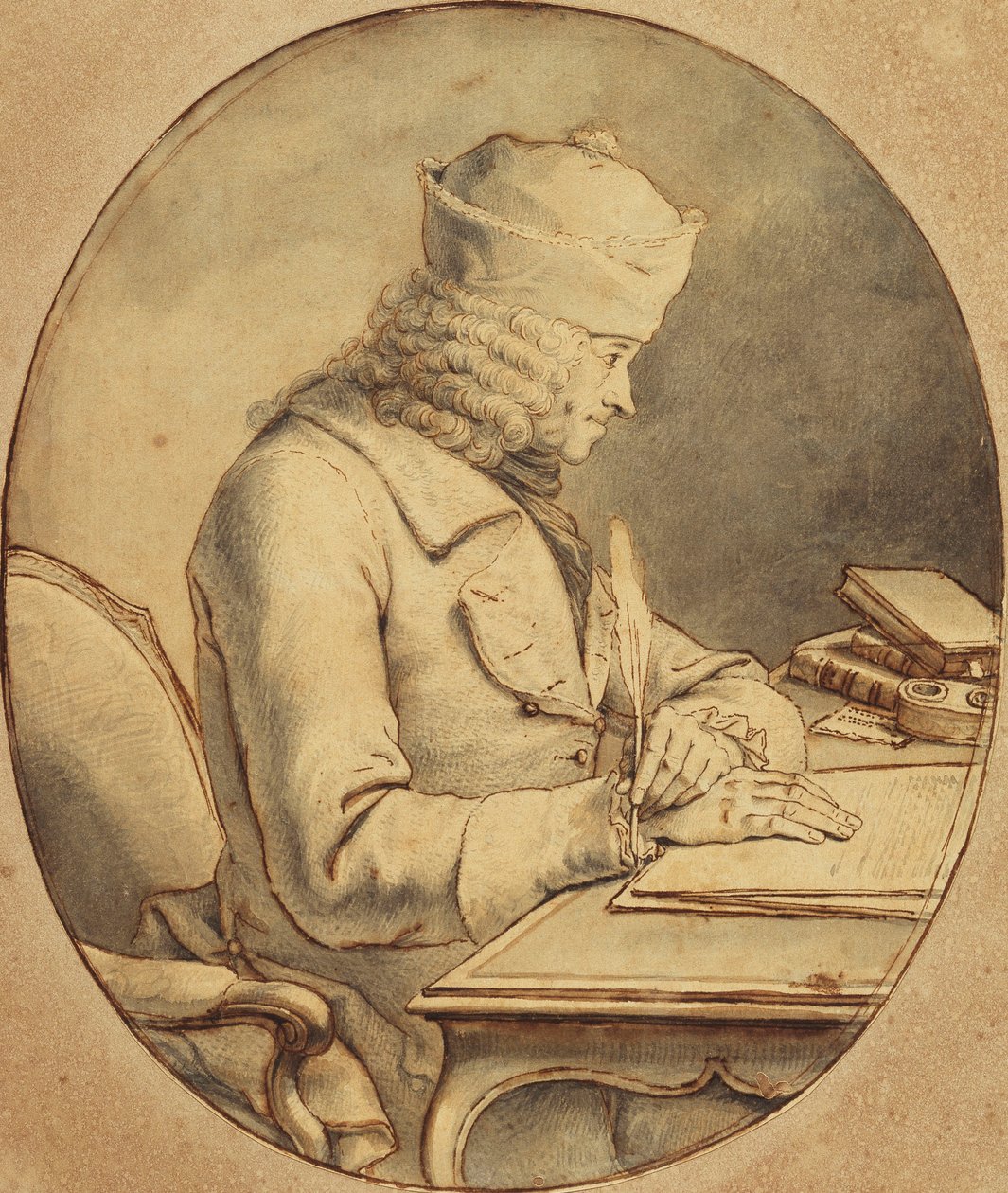 Voltaire istuu pöydän ääressä lippalakki yllään, profiilissa vasemmalla, n. 1765 tekijältä Stanislas Jean