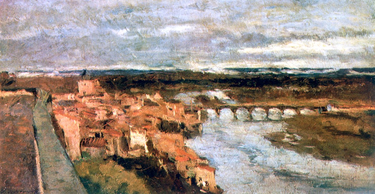 Maisema kylän ja sillan kanssa, c1855-1892 tekijältä Stanislas Lepine