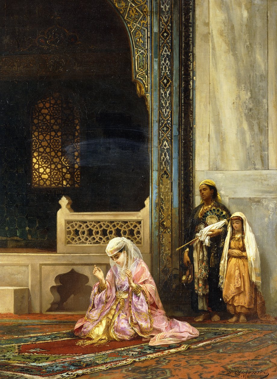 Turkkilainen nainen rukoilemassa vihreässä moskeijassa, Bursa, 1878 tekijältä Stanislaus von Chlebowski