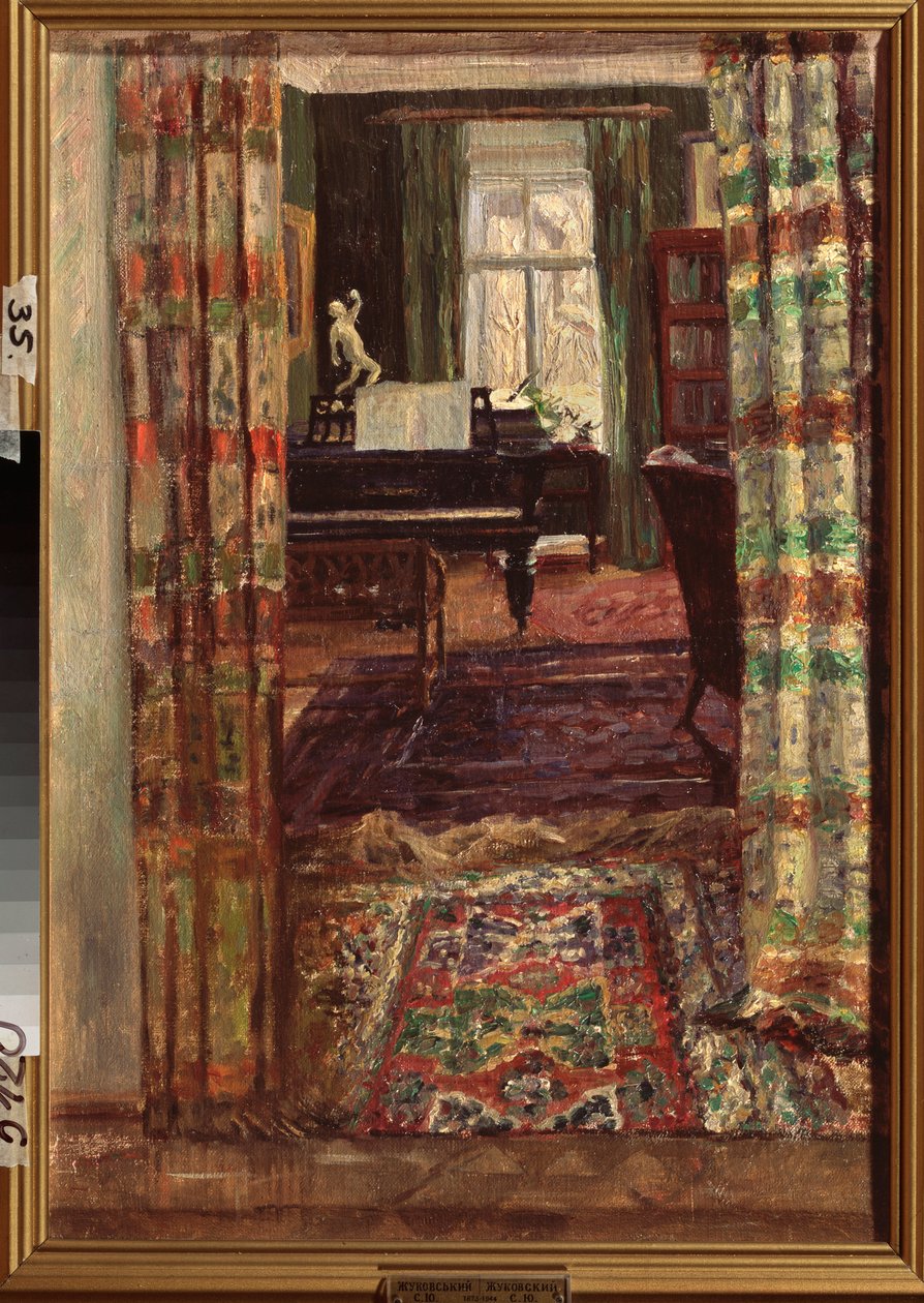 Sisustuksessa flyygeli. Stanislav Julianovich Zhukovsky (Žukovski) (1873-1944) maalaus, öljy kankaalle tekijältä Stanislav Joulianovitch Joukovski