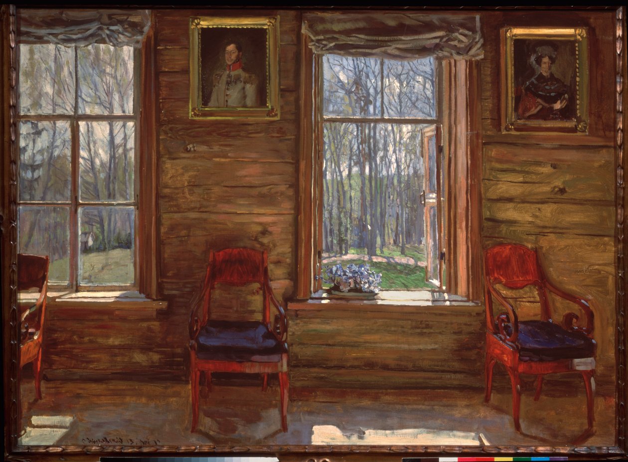 Hyvää toukokuuta. (Näkymä aurinkoiseen metsään, maalaistalon ikkunoista, koristeltu maalatuilla muotokuvilla ja verhoilla). Stanislav Julianovich Zhukovsky (Žukovski) (1873-1944) maalaus, öljy kankaalle tekijältä Stanislav Joulianovitch Joukovski