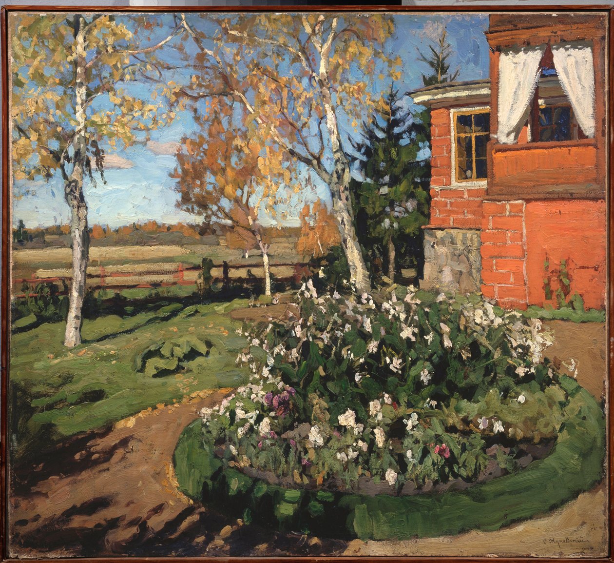 Kukkapenkki. (Talon edessä ja maaseutumaisema). Stanislav Julianovich Zhukovsky (Žukovski) (1873-1944) maalaus, öljy kankaalle tekijältä Stanislav Joulianovitch Joukovski