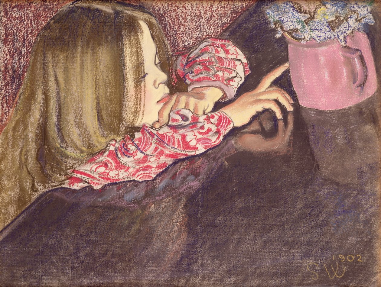 Tyttö kukkamaljakon kanssa, 1902 (pastelli paperille) tekijältä Stanislaw Wyspianski