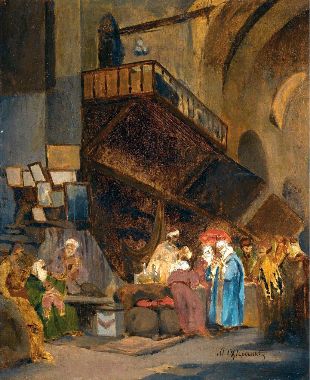 Bazar a Konstantinopoli - Peinture de Stanislaw Chlebowski (1835-1884), orientalisme - Bazaari Konstantinopolissa - Öljy puulle kirjoittanut Stanislav Khlebovsky (1835-1884) - 26x21 cm - Yksityiskokoelma tekijältä Stanislaw Chlebowsky