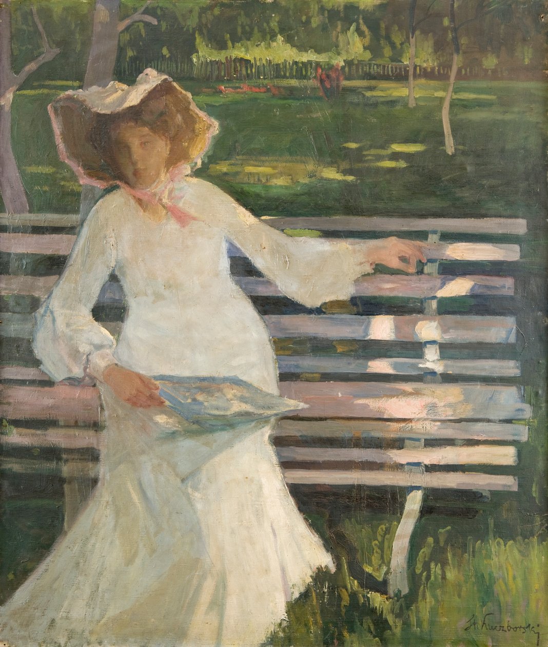 On a Bench, n. 1905 (öljy kankaalle) tekijältä Stanislaw Kuczborski
