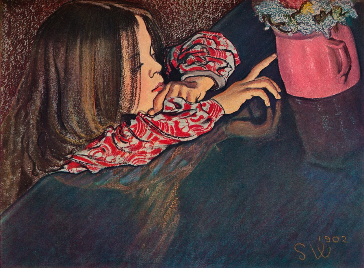 Tyttö katselee kukkamaljakkoa, 1902 tekijältä Stanislaw Wyspianski