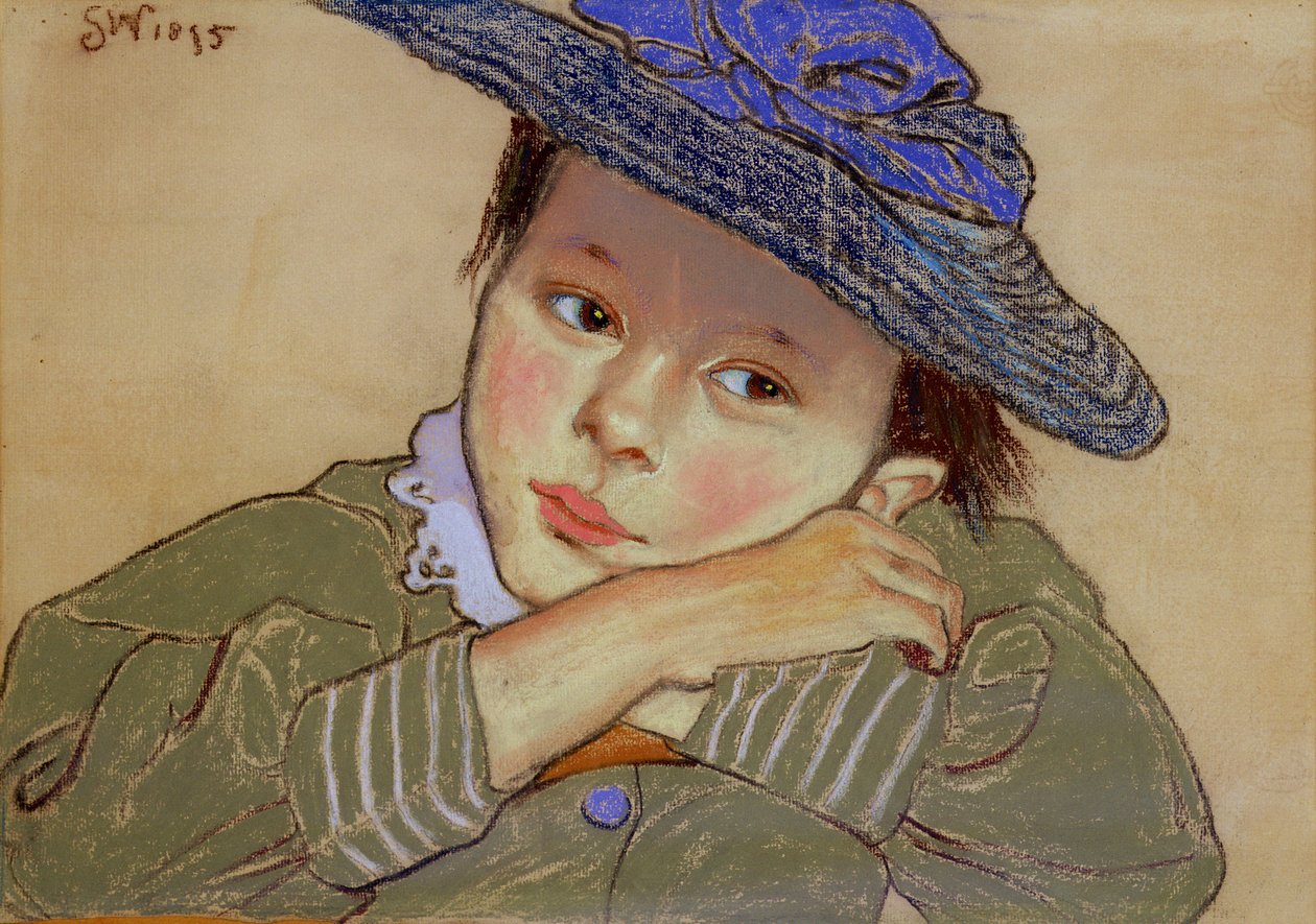 Tyttö sinisessä hatussa, 1895 (pastelli paperille) tekijältä Stanislaw Wyspianski