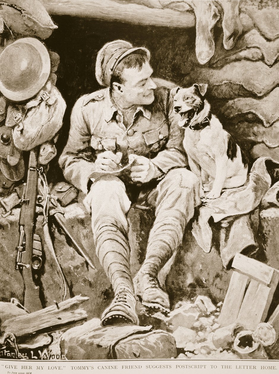 Anna hänelle rakkauteni, Tommys Canine Friend ehdottaa jälkikirjoitusta The Letter Home, War Illustrated, c. 1916 tekijältä Stanley L. Wood