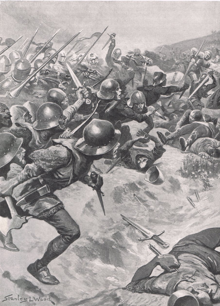 Jousimiehet, jotka luopuivat jousistaan veitsien, lyhyen kirveen ja tikarien saamiseksi, sekoittuivat ratsuväen kanssa, kuvitus julkaisusta "British Battles on Land and Sea", julkaisija Cassell, Lontoo, n. 1910 tekijältä Stanley L. Wood