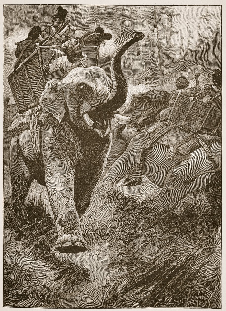 Pelästyneet elefantit syöksyivät takaisin metsän halki, kuvitus Archibald Forbesin, G.A. Hentyn ja majuri Arthur Griffithsin teoksesta "Battles of the Nineteenth Century". tekijältä Stanley L. Wood