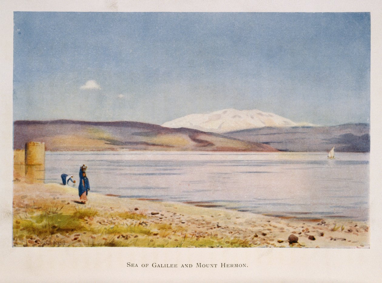 Galilean meri kohti Hermon-vuorta (Syyriassa), Palestiina 1906 tekijältä Stanley Inchbold
