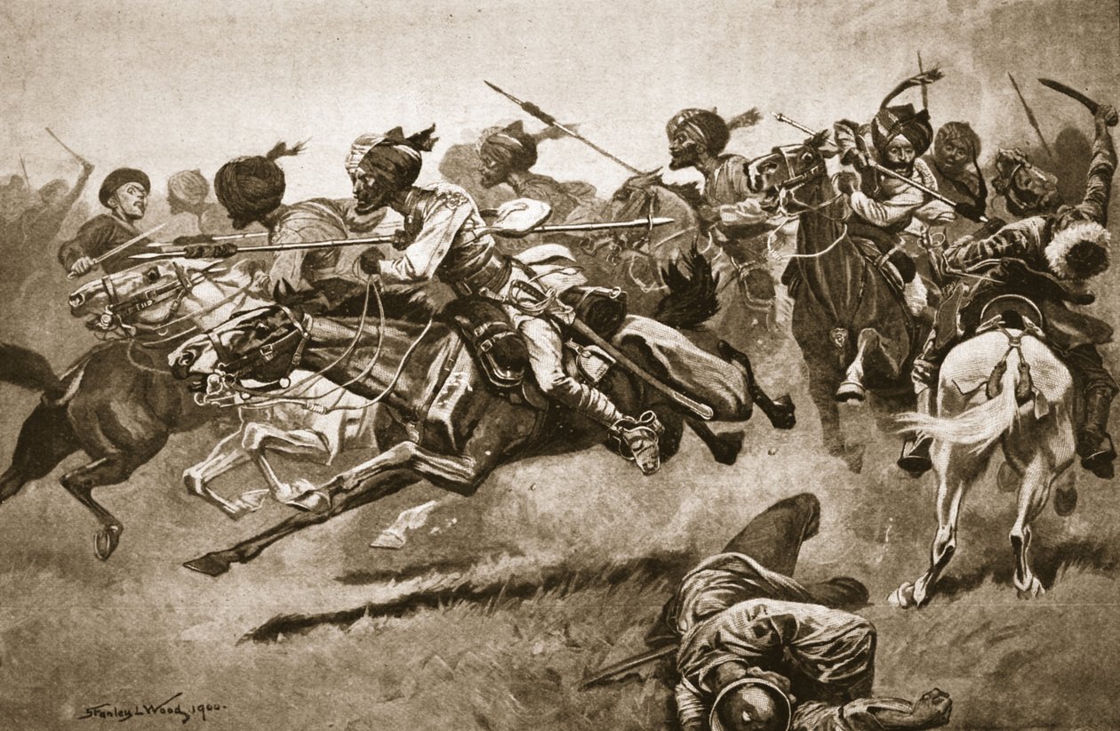 Pao-ting-fun tutkimusmatkalla: Bengal Lancersin hyökkäys, kuva julkaisusta "Battles of the Nineteenth Century: Voi. VII, Kiinan sota 1900-1901", Archibald Forbes, G.A. Henty ja majuri Arthur Griffiths (litho) tekijältä Stanley L. (after) Wood