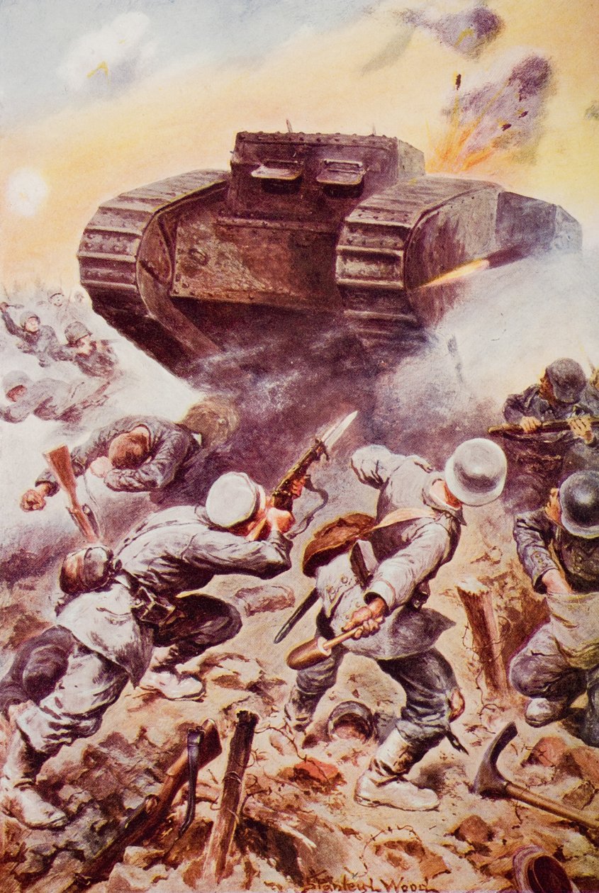 Tanks in Action, kuvitus H.G. Wellsin The Outline of Historysta, osa II, julkaistu vuonna 1920 (värilitho) tekijältä Stanley L. (after) Wood