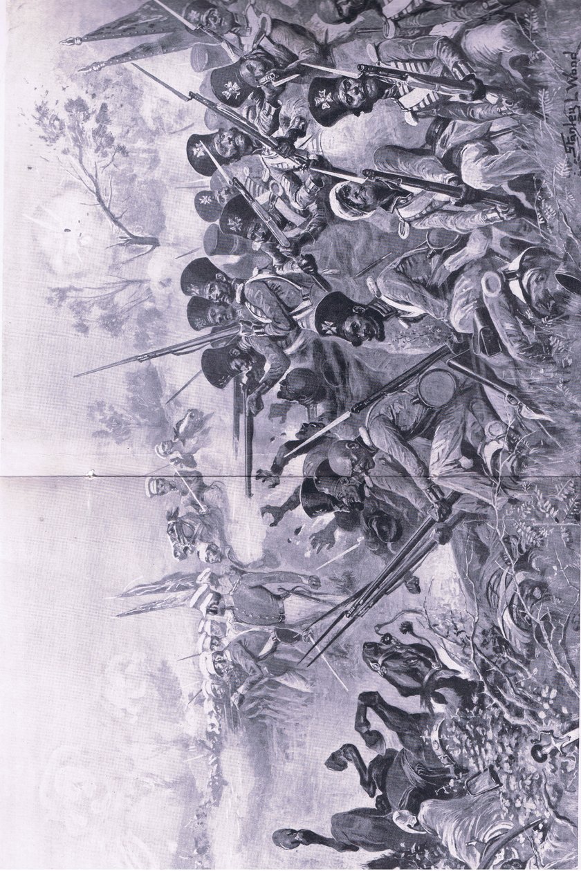 Chilianwala, 13. tammikuuta 1849: Goddys-prikaati seisoo urhoollisesti sikhien ympäröimänä, esimerkki brittiläisistä taisteluista maalla ja merellä, 1915 tekijältä Stanley L. Wood