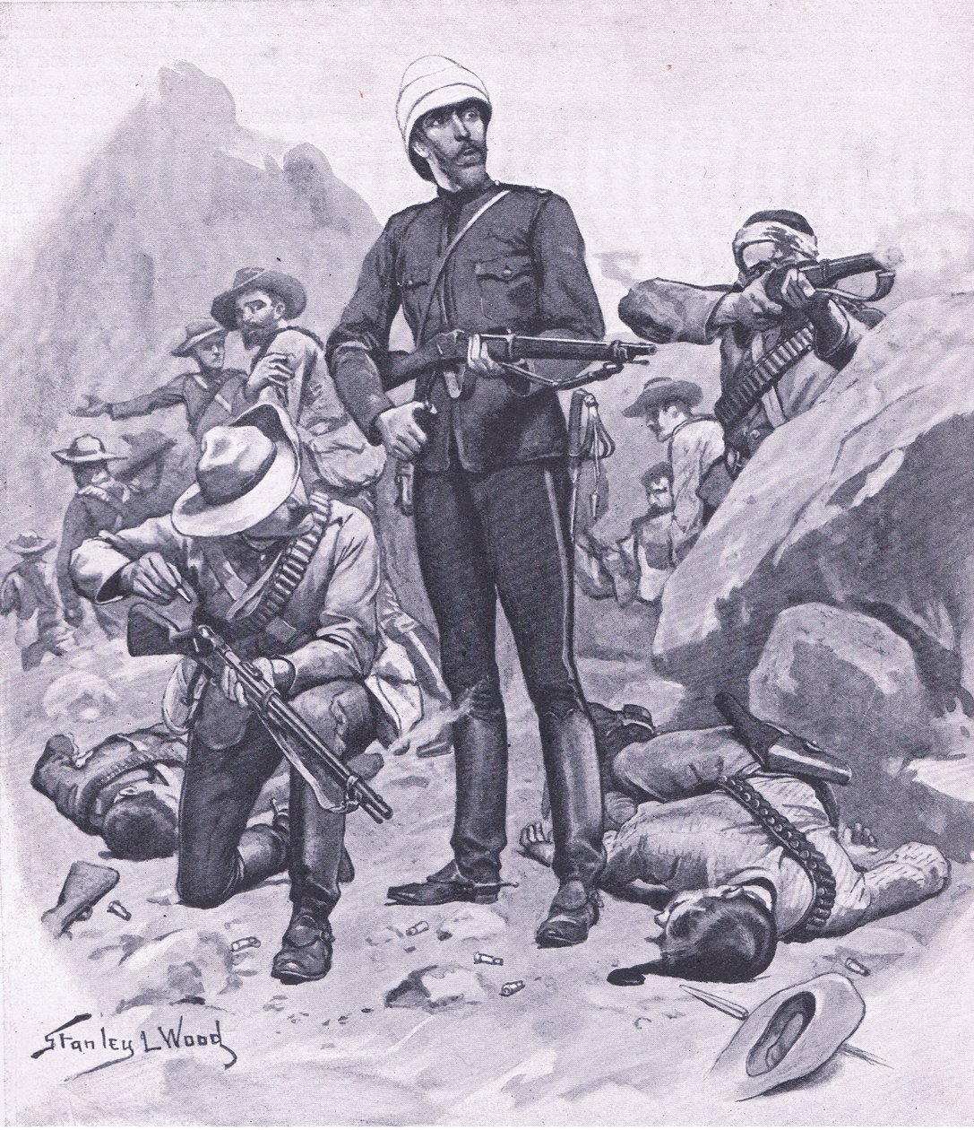 Eversti Buller Inhlobane-vuorella, maaliskuu 1879, kuvitus teoksesta British Battles on Land and Sea , 1915. tekijältä Stanley L. Wood