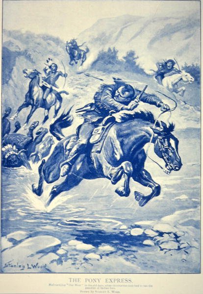 Pony Express intiaanien jahtaama (litografia) tekijältä Stanley L. Wood