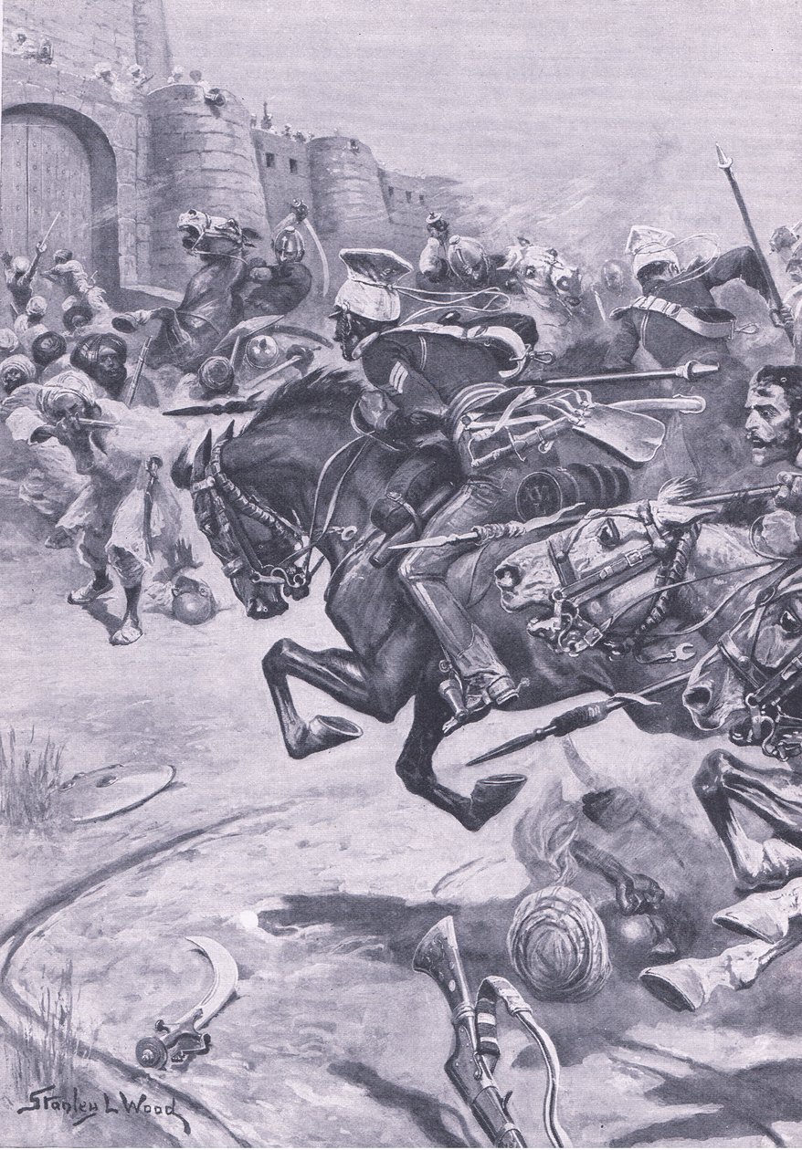 16th Lancers ja Skinners Horse ajamassa Jatsia Bharatpuriin, joulukuu 1825, kuvitus teoksesta British Battles on Land and Sea , 1915. tekijältä Stanley L. Wood