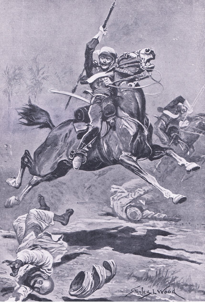 The 9th Lancers at Delhi, 1857, kuvitus brittiläisistä taisteluista maalla ja merellä, 1915 tekijältä Stanley L. Wood