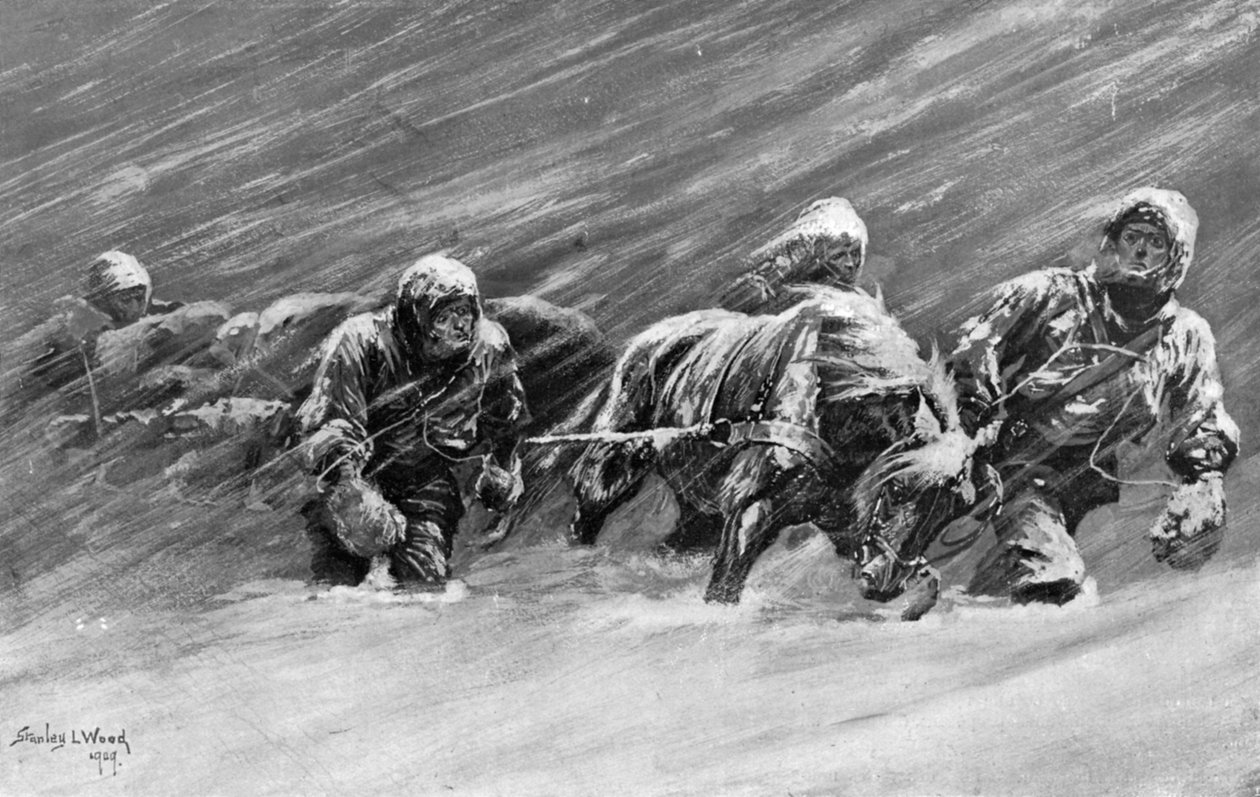 Vaellus lumimyrskyn aikana, 1909 tekijältä Stanley L Wood