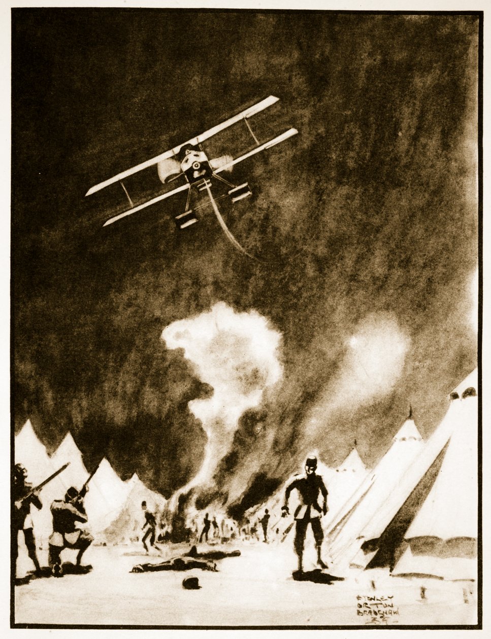 Turkkien pommittaminen Dardanelleilla, kuvitus John Hamiltonin "Flying Memoriesista" tekijältä Stanley Orton Bradshaw