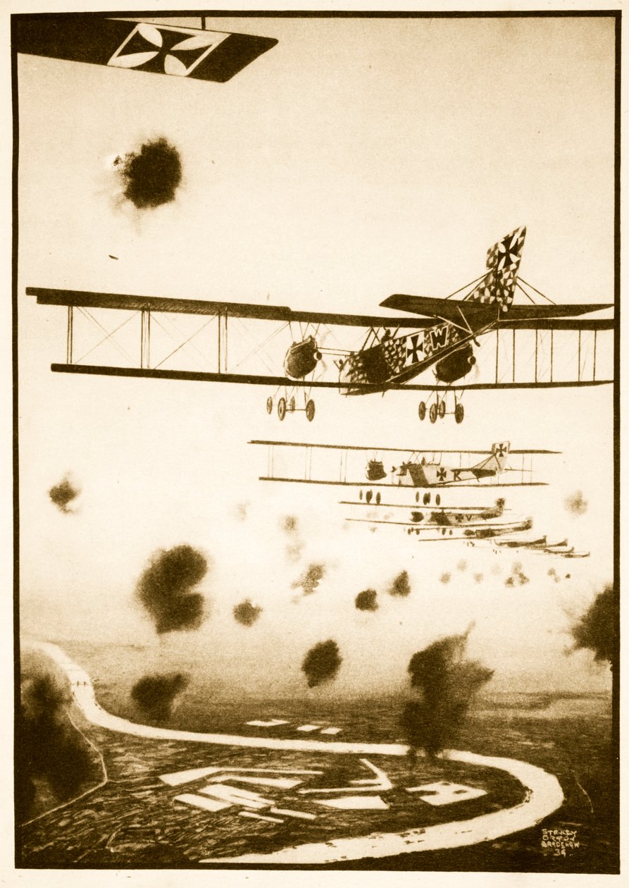 Daylight Raid Lontoossa, kuvitus John Hamiltonin Flying Memoriesista tekijältä Stanley Orton Bradshaw