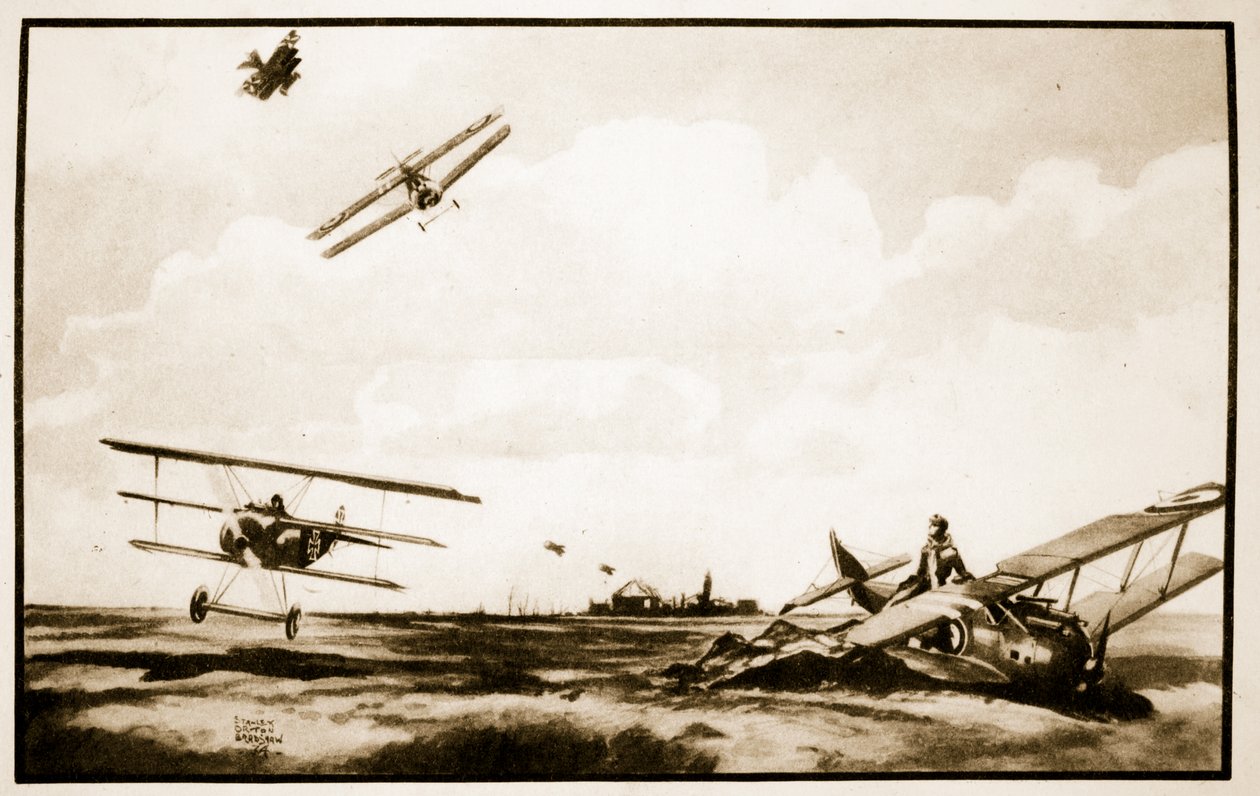 Richthofenin kuolema, kuvitus John Hamiltonin teoksesta Flying Memories tekijältä Stanley Orton Bradshaw