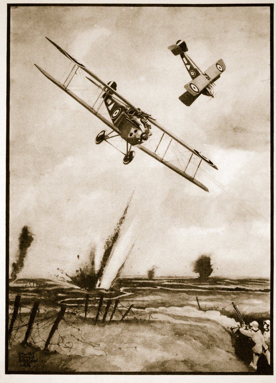 Trench Strafing, kuvitus John Hamiltonin Flying Memoriesista tekijältä Stanley Orton Bradshaw