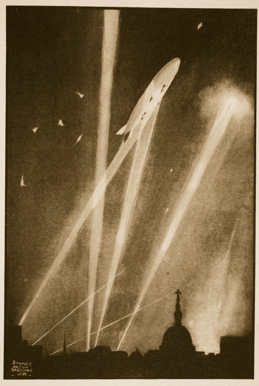 Zeppelin Raid Lontoossa, kuvitus John Hamiltonin Flying Memoriesista tekijältä Stanley Orton Bradshaw