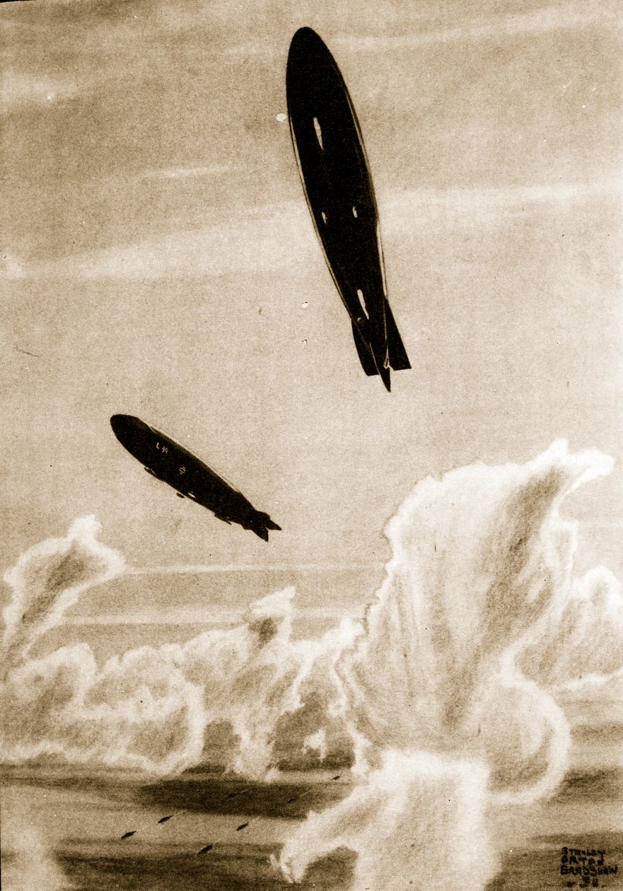 Zepps on North Sea Patrol, kuvitus John Hamiltonin Flying Memoriesista tekijältä Stanley Orton Bradshaw