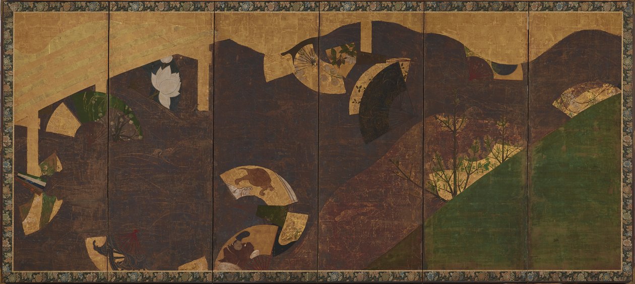 Ivy viiniköynnöksiä, siltoja ja kelluvia tuulettimia, Momoyama- tai Edo-kausi, 1600-luvun alku. tekijältä Sôtatsu