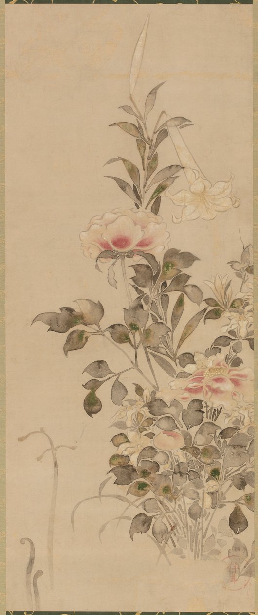 Pionit ja liljat, Momoyama- tai Edo-kausi, 1568-1615. tekijältä Sôtatsu