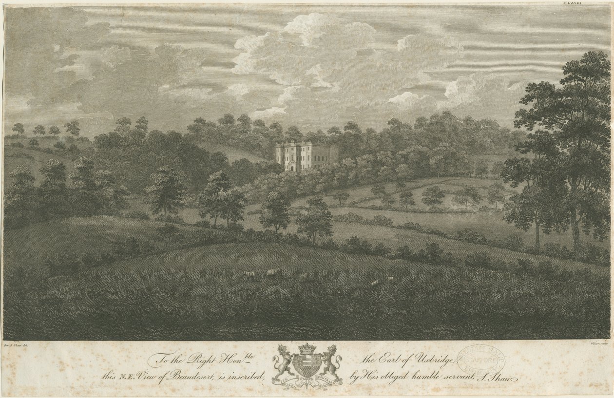Beaudesert Hall and Park: teräskaiverrus, nd [1762-1802] (painettu) tekijältä Stebbing Shaw